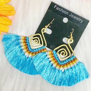 Boho Earrings Fan Tassel Hoop Drop Dangles Blue